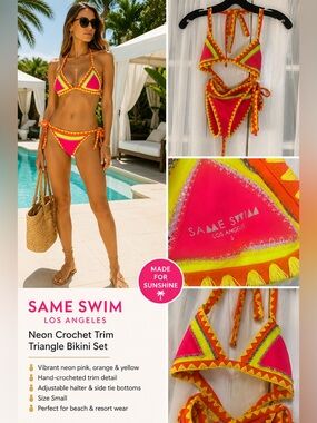 Same Swim Los Angeles Neon Crochet Trim Triangle Bikini Set Size Small